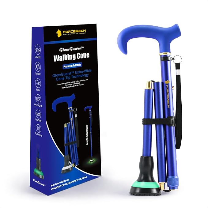 GlowGuard Walking Cane for Men & Women - Extra-Wide 2.68" Glow Cane Tip with Photoluminescent Ring, Height Adjustable (31.1" to 37.8"), 350 lbs Capacity