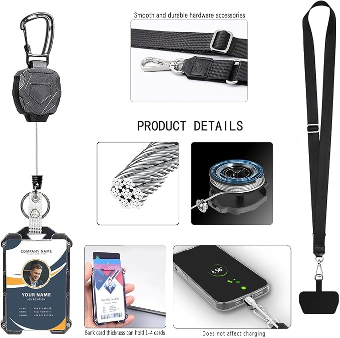 Badge Holder Retractable Clip Heavy Duty Carabiner Badge Reel Keychain with Lanyard ID Cards Holder Cool Tactical ID Holder