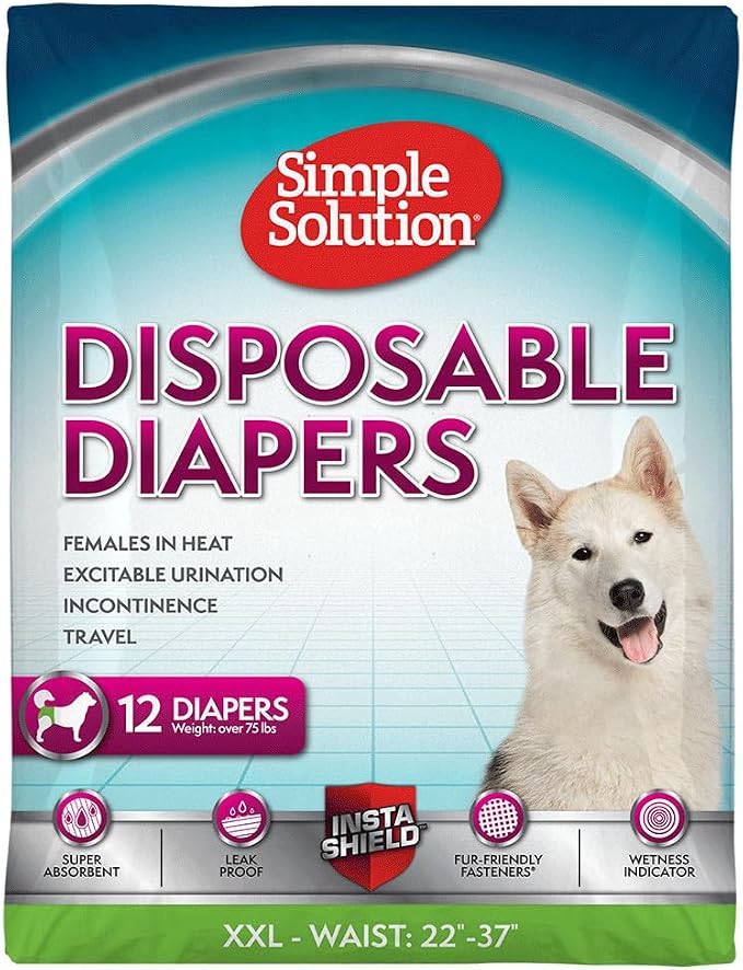 Simple Solution Female Dog Diapers, Disposable Dog Diapers, XXL, 12 Count | Dog in Heat, Potty Training, Incontinence Support, Leak Proof, Puppy Training, Disposable Protection, Secure Fit, 22-37 Inch