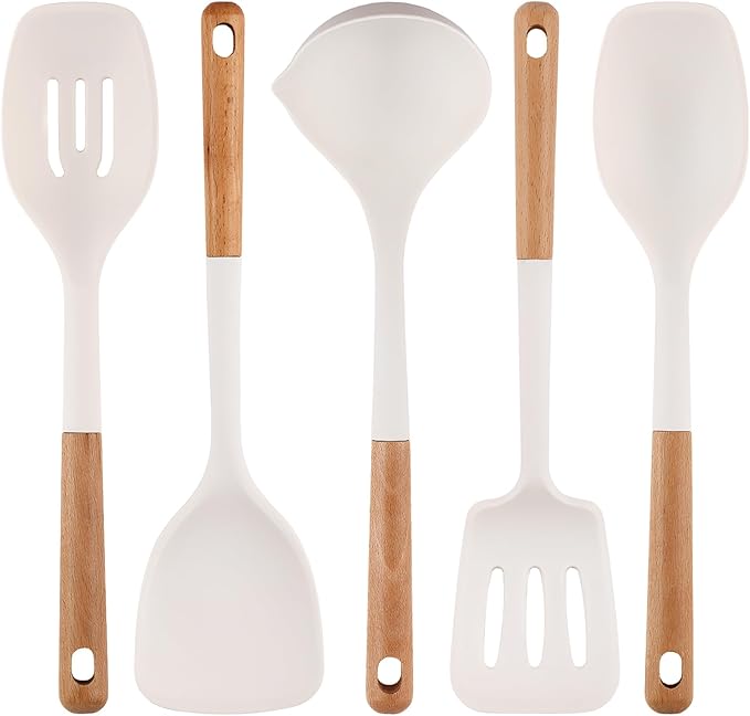Silicone Cooking Utensils Set 5 Pcs Large Non-Stick Kitchen Utensils Set, Wooden Handle Heat Resistance Turner Soup Ladle Spoon Silicone Cooking Kitchen Gadgets BPA Free for Nonstick Cookware