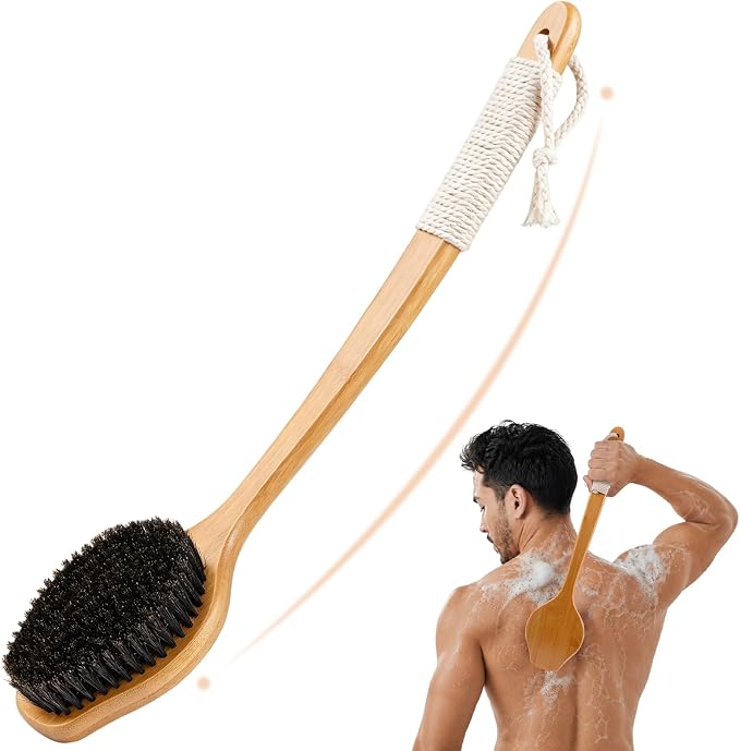 Back Scrubber for Shower，17in Bamboo with Curved Long Handle - Stiff Natural Boar Bristles for Men and Women, Deep Cleansing and Exfoliating, Anti-Slip Grip for Wet or Dry Brushing (Black)