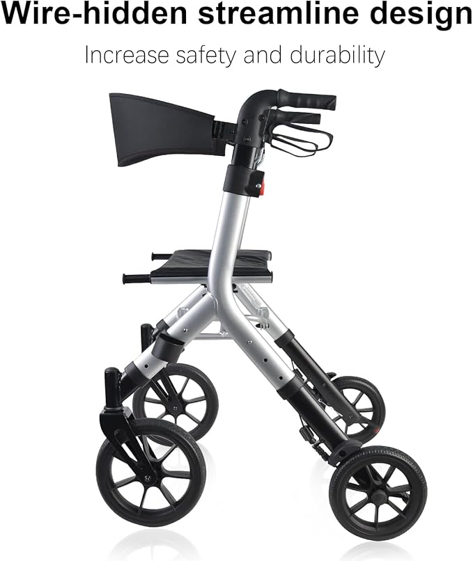WALK MATE Rollator Walker for Seniors Taller 5.3~7ft with Height-Adjustable Seat, 10 Inch Wheels Wire-Hidden Walkers Compact Folding Design Lightweight Mobility Walking Aid Widen Backrest, Silver