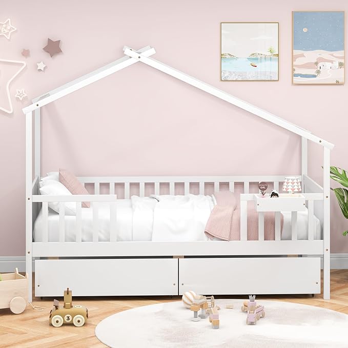 Giantex Twin House Bed with Drawers, Wooden Twin Bed Frame with Cube Storage & Fence Rails, Montessori Beds for Kids Boys, Girls, Bedroom, Living Room, No Box Spring Needed, White