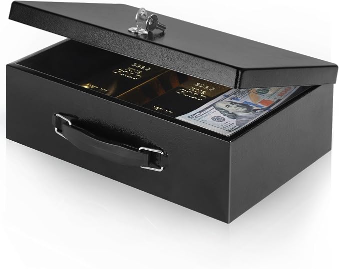 xydled Fireproof Document Box with Key Lock, Fire Safe Box, Black | Fire and water resistant lock box for documents, passports, cash and valuables, keeping secure at home, 12.8 x 8.5 x 4.5 Inch