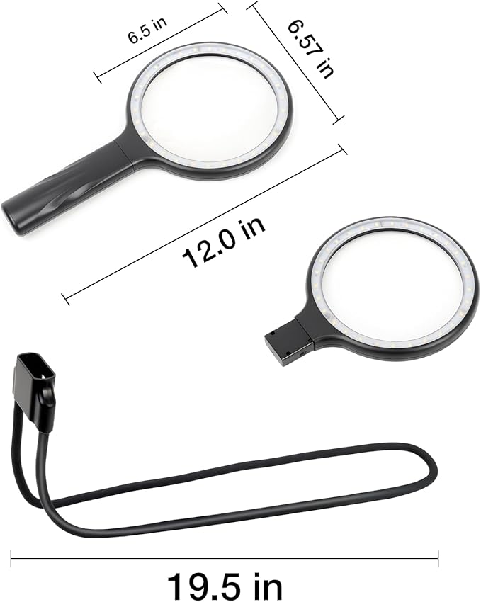 Hands Free & Handheld 10X/5X Magnifying Glass, Rechargeable 30 LED with 3 Light Modes for Seniors with Low Vision, Reading, Crafting (Black)