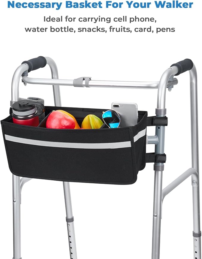 JOYTUTUS Walker Basket for Seniors, Basket for Walkers with Cup Holder, with Two Split Board, Foldable Walker Storage Bag, for Family and Friends, Black (Not Fit Rollator Walkers)
