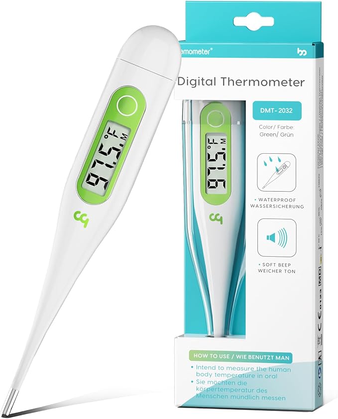 Femometer Digital Thermometer for Adults and Kids, Green | Fever Alert, Memory Recall, C/F Switchable, for Oral, Rectal or Under Arm Use