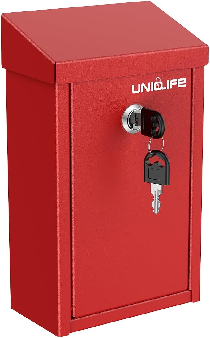 Uniclife Red Metal Donation Box, Wall Mounted Mailbox for Outside | Safe Suggestion Box with Key Lock, Steel Key Drop Box for Outside, Cash Box for Home Office and Business