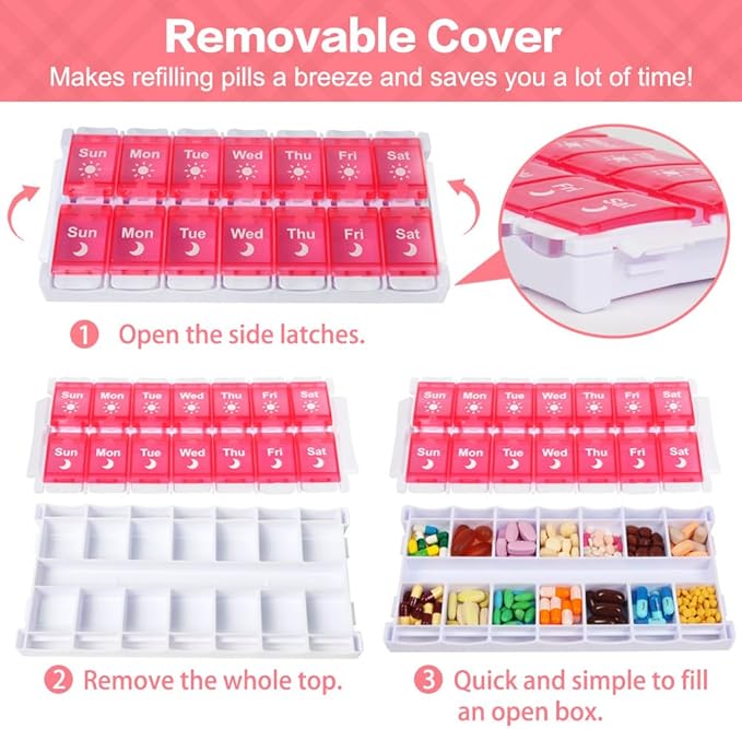 Shintop Weekly Pill Organizer 2 Times, Pink Pill Box Push Button Daily Vitamin Case Easy Fill Morning Night Medicine Organizer for Fish Oil Supplements
