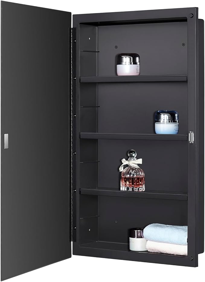 DYLLOR Black Plastic Medicine Mirror Cabinet for Bathroom with 16 x 26 inch Beveled Edge Mirror, Recessed and Surface Mount