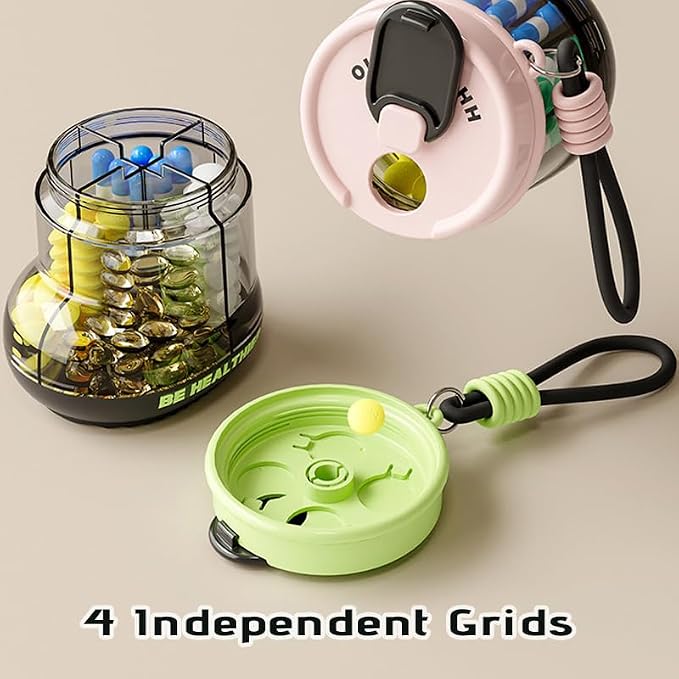 MURRI&MURRDI Portable Pill Bottle Organizer, Lovely Pill Dispenser with 4 Compartments, Travel Pill Organizer with Anti-Mixing & Wide Openings Design, Small Pill Container Cute Pill Bottle (B Green)