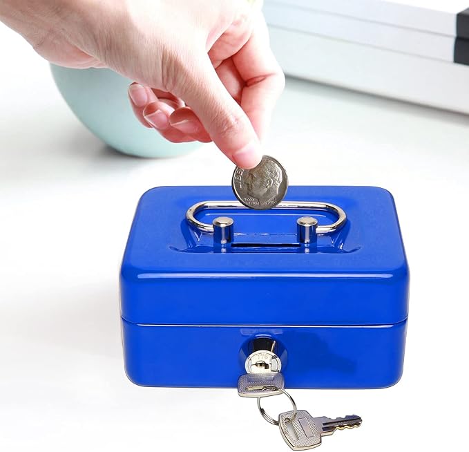 Jssmst Small Cash Box with Lock and Slot, Metal Coin Piggy Bank for Adults and Kids, Blue Locking Money Box