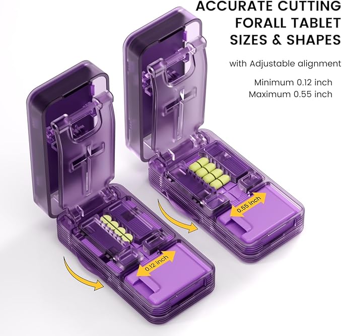 Pill Cutter - 1/4 & 1/2 Pill Splitter for Small Tiny Large Pills Professional | Hidden Blade & Sealed Storage | Adjustable & Cuts Multiple Tablets | Includes Cleaning Brush (Purple)