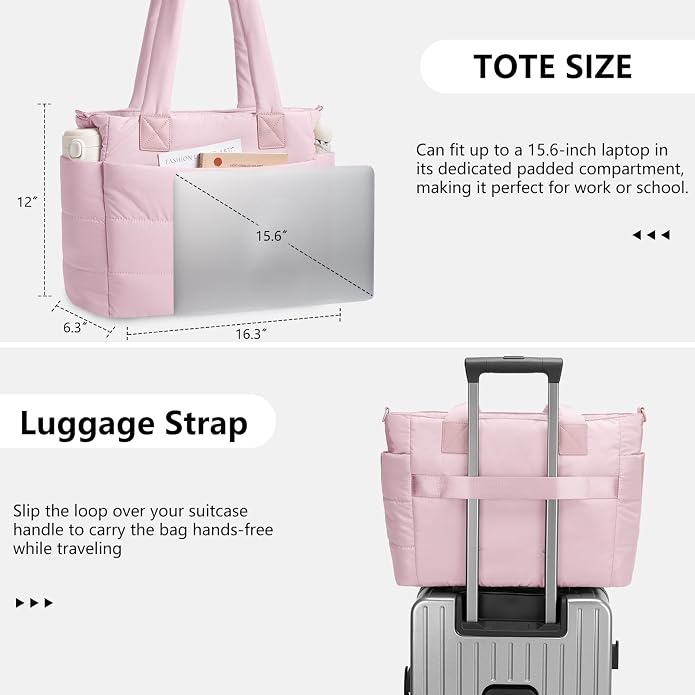 Puffer Tote Bag for Women Quilted Nurse Bag Lightweight Work Bag for Teacher Travel Handbag with Multiple Pockets