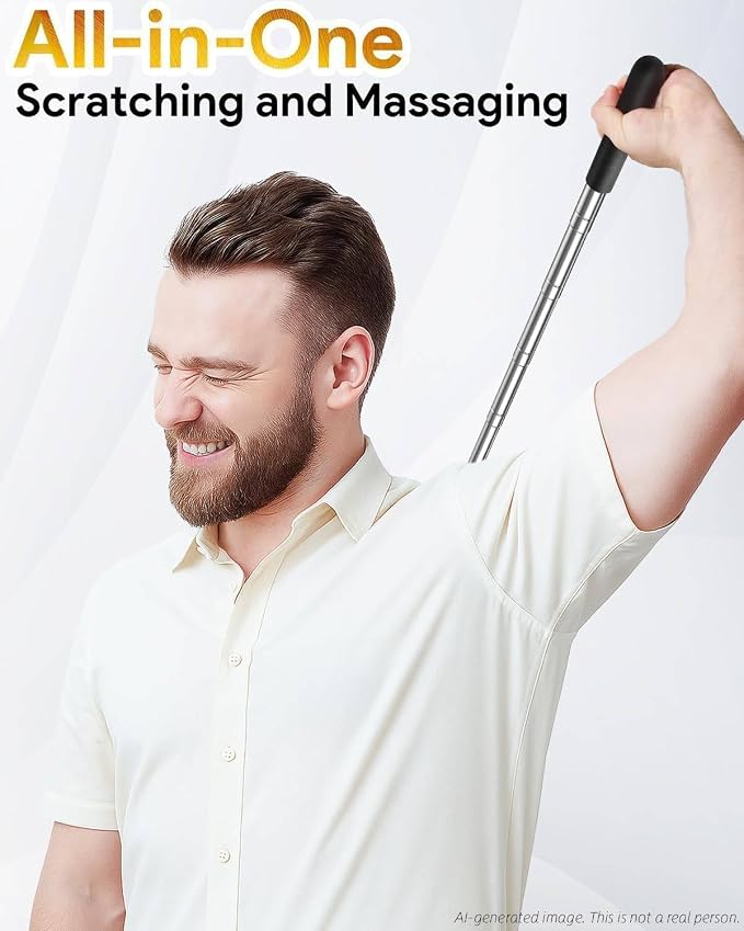 Telescoping Back Scratcher with 5 Detachable Heads, Gift for Men Black | 10-30" Reach, Stainless Steel Pole, Rubber Grip, Christmas Stocking Stuffers, White Elephant, Anniversary and Birthday Gift