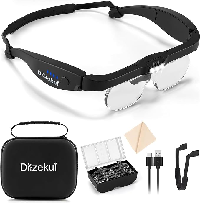Dilzekui Magnifying Glasses w/Light,1.5X-5X Magnifying Glass Acrylic Lenses | Storage Case, Type-c Charged, Elastic Headband Magnifier, Handsfree Worn with Glasses for Close Work Craft Hobby Cross Stitch