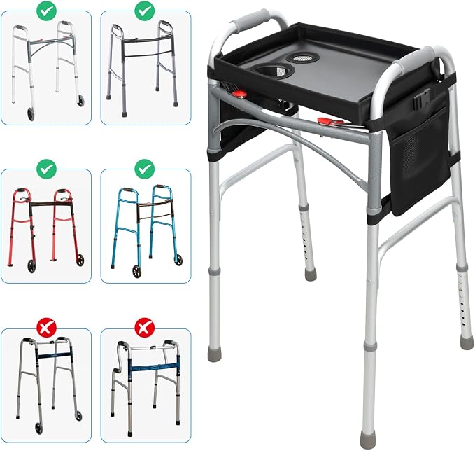 Detachable Walker Tray with Cup Holder & Side Pockets, Non-Slip Universal Table Accessory for Folding Rolling Walkers Seniors