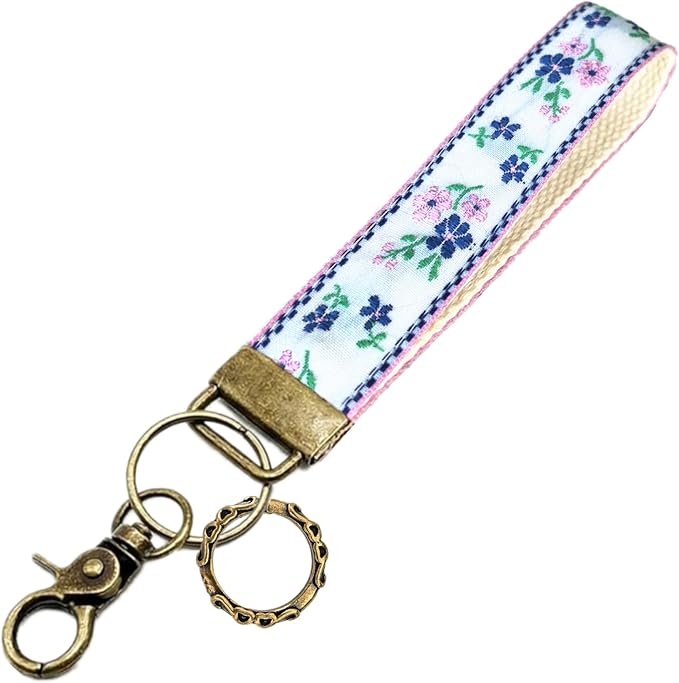Boho Vintage Embroidered Floral plant Wristlet Keychain for Women | Cute Lanyard&Antique Brass Clasp, Lightweight Hands-Free Key Holder for keys,purses,handbags and daily outdoor use for ladies