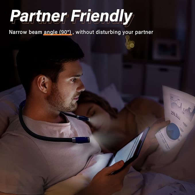 Vekkia Rechargeable LED Neck Reading Light, Book Lights for Reading in Bed, 3 Brightness Levels, Flexible Soft Silicone Arms Comfortable Wear, Long Lasting. Great for Readers, Craft & Knitting
