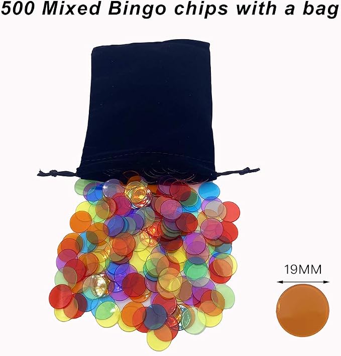 JUNWRROW 500 Pieces 3/4 inch Transparent 6 Color Bingo Counting Chips with Bag