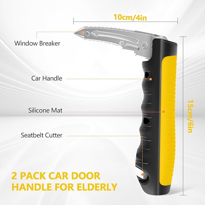 Car Door Handle for Elderly - 2025 New 3-in-1 Car Handle Assist, 2 Pack Auto Cane Portable Vehicle Support Handle Door Assist Bar, Max Load 500 Lbs, Anti-Slip Design (Yellow-2-Pack Car Handle)