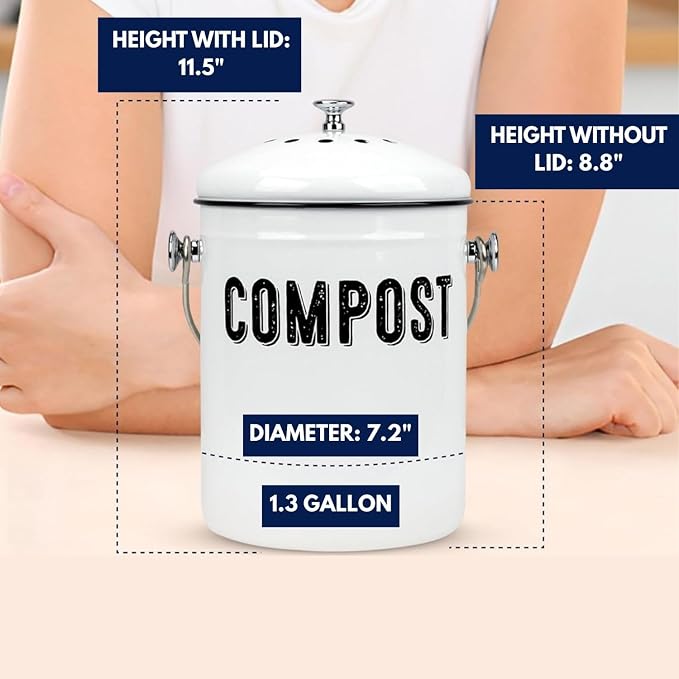 Granrosi Compost Bin Kitchen Counter, 1.3 Gallon, 3 Charcoal Filters | Countertop Composter Pail with Lid, Stainless Steel Counter Top Bin, Rust-Free Farmhouse Indoor Compost Bucket, White Oval