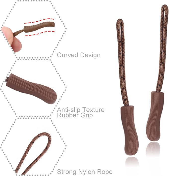 CooBigo 12Pack Zipper Pull Replacement, Golf Bag Zipper Pull Replacement Tab for Backpack, Jackets, Pants, Boots, Coats, Luggage - Brown(Universal Extender), #09 Brown(12 PACK)