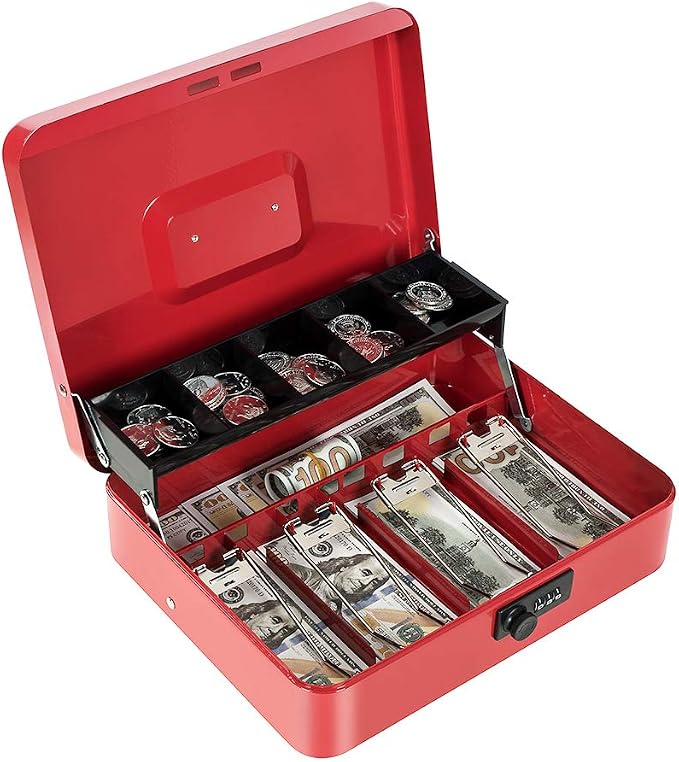 Cash Box with Money Tray and Combination Lock Metal Money Box for Cash Tiered Lock Box for Money 11.8" x 9.4" x 3.54" Red