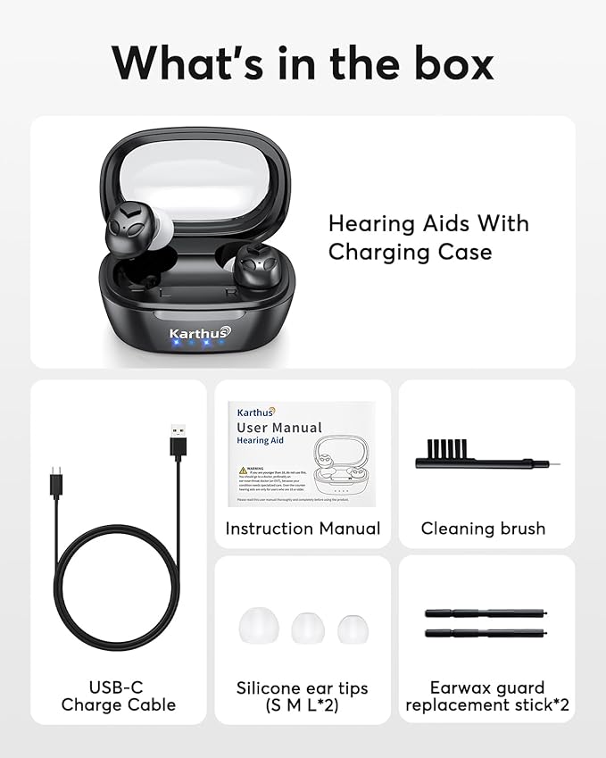 Karthus Rechargeable Hearing Aids for Seniors, OTC Hearing Aids with Hearing Loss, Clear Sound & Noise Reduction,80Hrs Long-Lasting Battery, Comfort & Invisible Design for Adults & Elderly, Black