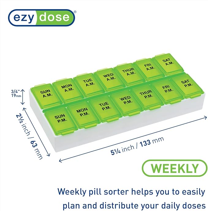 EZY DOSE Weekly (7-Day) AM/PM Daily Pill Case, Medicine Planner, Vitamin Organizer, Fish Oil Holder, Supplements Container, Medium Compartments, 2 Times a Day, Color May Vary, BPA Free (Pack of 3)