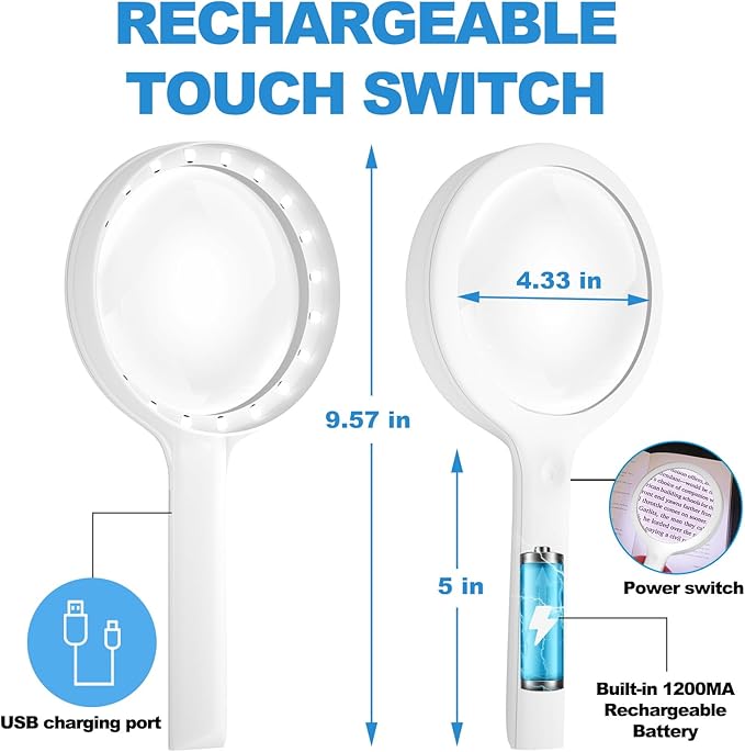 30X Charge Magnifying Glass with Light, NUEYiO 4.33Inch Large Handheld Magnifying Glass 20 Daylight LEDs, Third Gear Dimming Lighted Magnifier for Seniors Reading Inspection Coin Collection Jewelry