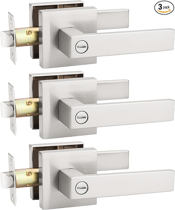 KNOBWELL 3 Pack Satin Nickel Door Handle, Bedroom Door Lock Handleset Interior Door Lever Privacy Function, Heavy Duty Door Handle(No Key)