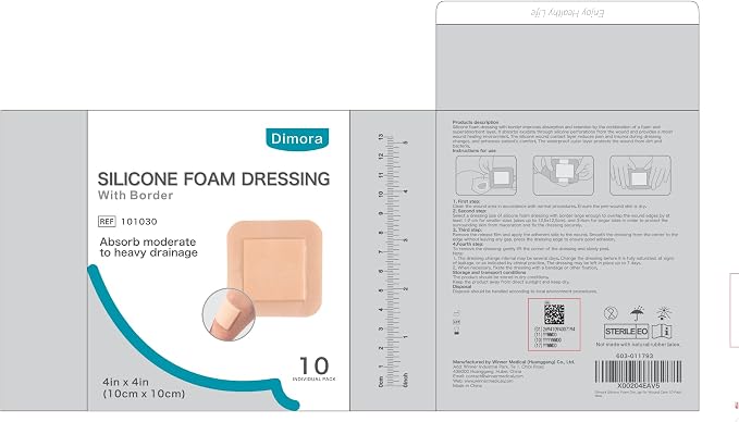 Dimora Silicone Foam Dressing with Border Adhesive 4"x4" Wound Dressing First Aid Bandage for Wound Care 10 Pack