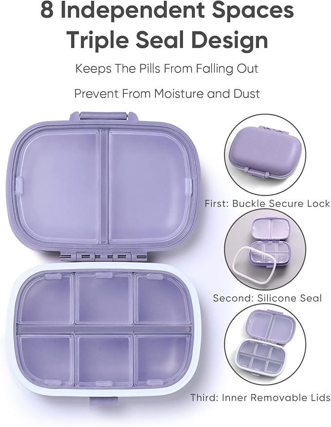 Holii Travel Pill Organizer, 8 Compartments Portable Pill Case, Daily Pill Box to Hold Vitamins, Small Pill Container for Pocket Purse Medicine Organizer（Purple）