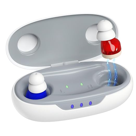 Saban OTC Digital Hearing Aids,Nearly Invisible Hearing Amplifiers | Rechargeable, with Noise Cancelling, for Hearing Loss, Red & Blue