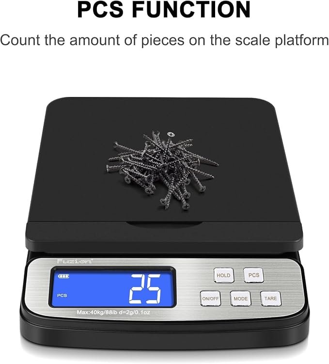 Fuzion Shipping Scale - Digital Postal Scale 88lb x 0.1oz, Flip-up Platform | All-in-1 Postal Scale, Large Display, Hold/Tare/PCS Counting, Easy Calibration, 5 Units, Scale for Packages, Small Business