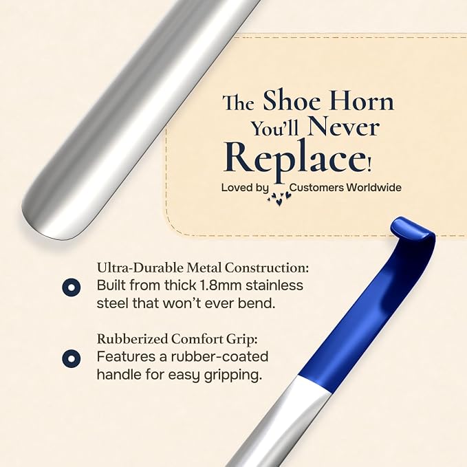 HOUNDSBAY Long Metal Shoe Horn for Seniors – 16.5 Inch Shoe Spoon for Boots, Sneakers & Dress Shoes – Extra Long Handle Design for Men, Women & Kids – Stainless Steel