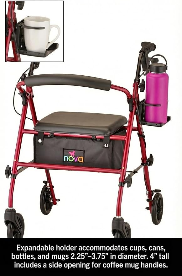 NOVA Adjustable Cup Holder for Walkers, Rollators & Wheelchairs – Folding Drink Holder Fits 3/4”, 7/8” & 1” Tubes, Holds 2.25”–3.75” Cups, Durable, Easy Install