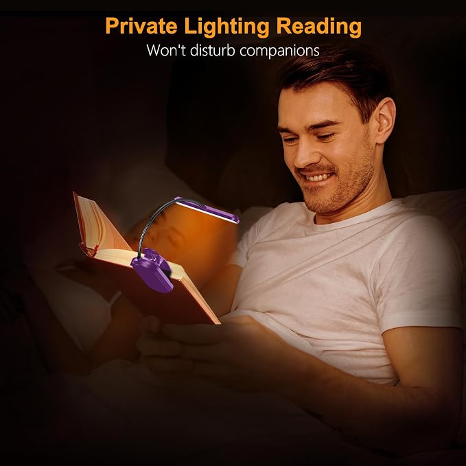 Gritin Rechargeable Book Light for Reading in Bed with 19 LED | Eye Caring 3 Color Temps, 5 Brightness Levels, Memory Function, 90 Hrs Runtime Flexible Goose Neck Clip on Light-Dark Purple