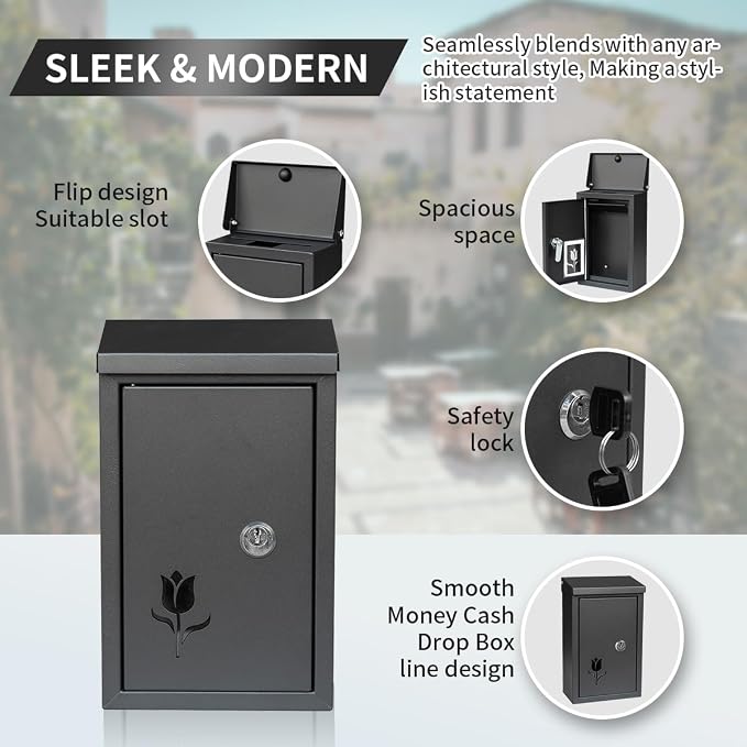Ydocabinit Wall Mount Key Drop Box, with Key Lock & Flip & Top Slot, Steel Cash Drop Box, Storage Box for Mail, Packages, Donations, Voting, Suggestion for Outside Home Business 9.05"×5.51"×3.03"