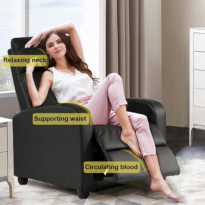 BestMassage Recliner Chair No Massage Function | Leather Black | with Lumbar Support, Adjustable Push Back, Wide Arm & Footrests, Padded Seat | Easy Assembly | for Living Room, Home Theatre
