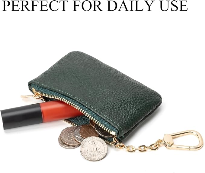 Full Grain Leather Coin Purse with Key Chain - Small Change Purse Keychain Card Holder Keychain Pouch Small Keychain Wallet for Women and Men (Forest Green)