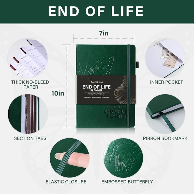 Molekaus End of Life Planner with Tabs, 7"x10" | Guided Estate Planning Organizer, Large Print, 120GSM Thick Paper, Inner Document Pockets for Final & Legal Affairs, Green