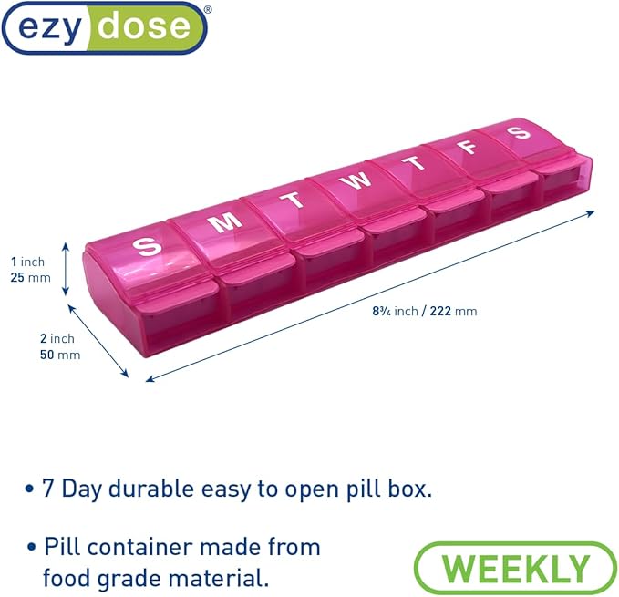 EZY DOSE Weekly (7-Day) Pill Case, Medicine Planner, Daily Vitamin Organizer Box, X-Large Push-Button Compartments, Convenient and Easy to Use, Arthritis Friendly, Transparent Lids, Pink, BPA Free