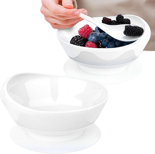 2Pack Spill Proof Scoop Bowl with Non-Skid Suction Base, Adaptive Self-Feeding Dinnerware for Elderly and Disabled(White)
