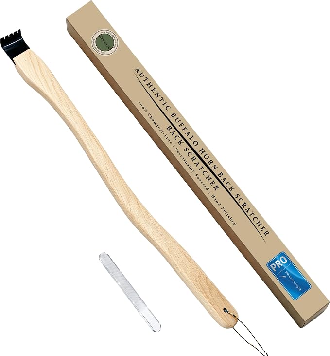 Natural Buffalo Horn Back Scratcher with Adjustable Sharpness, 17" Long Handle Curved Wooden for Seniors Women Men, Nano-Glass File, Gift for Mom Dad