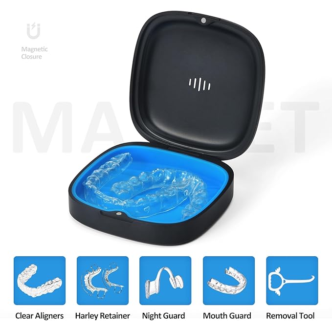 Retainer Case Slim Aligner Case with Vent Holes Removable Inner Tray Silicone for Easy Cleaning (1Pack Black Blue)