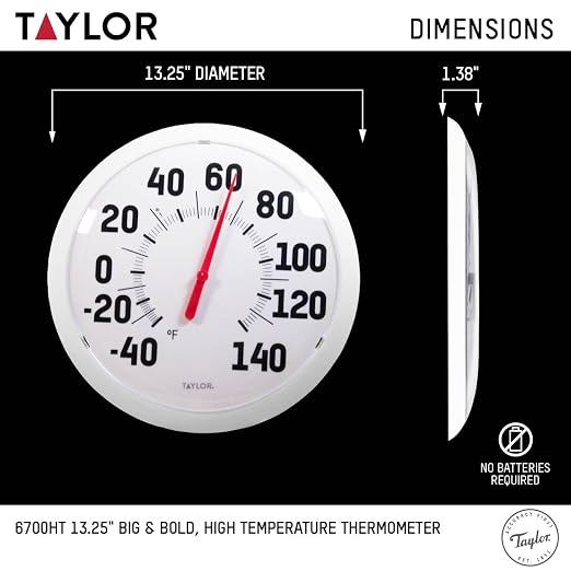 Taylor Big & Bold Outdoor Wall Thermometer, 13.25-Inch Weather-Resistant Patio Thermometer for High Temperature Readings, Easy-to-Read Numbers for Garden, Porch, Deck, Backyard, or Indoor Use, White