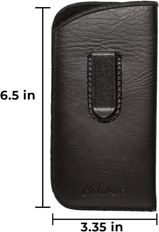 Calabria Slim Faux Leather Eyeglass Case Soft Slip-In Design [Black with Clip - 1 Pack] | Compact Protective Pouch | Soft Case for Glasses | Lightweight Sunglass Storage