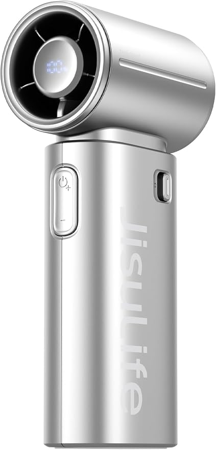 JISULIFE Handheld Fan Life9S - Sleek Chrome: Turbo Power, 22 Hours Cooling | LED Display, 5000mAh, 5-Speeds, Mini Portable Fan for Travel, Cruise, Concerts, Trendy Gifts for Women Men -Silver